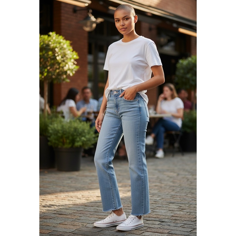 Flag & Anthem High Rise Straight Jeans Light Wash Raw Hem Womens 4/27